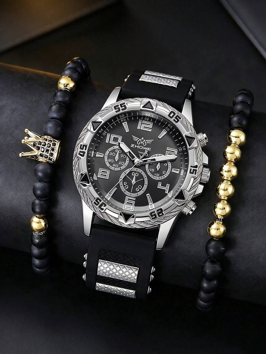 3pcs/Set Stylish Watch And Beaded Bracelets, Exquisite Men's Luxury Quartz Watch, Casual Wristwear And Bracelet Accessories - Silver - View 1