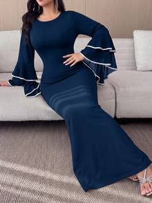 Plus Size Women Knit Fabric Patchwork Chiffon Navy Blue Cinched Waist Flare Sleeve Long Sleeve Dress For Daily Wear And Dating - Navy Blue - View 3