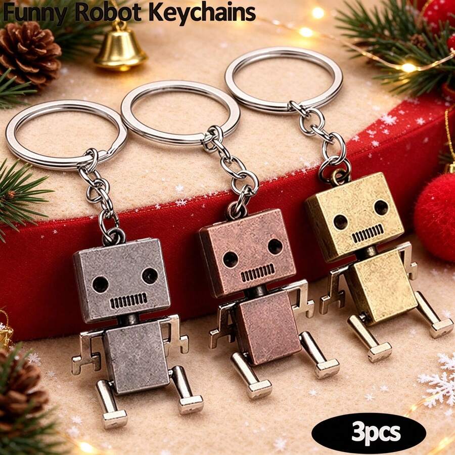 3pcs Movable Metal Robot Keychain Set, Vintage Distressed Robot Pendant, Personalized Backpack Charm, Christmas Holiday Small Gift - Multicolor - View 1