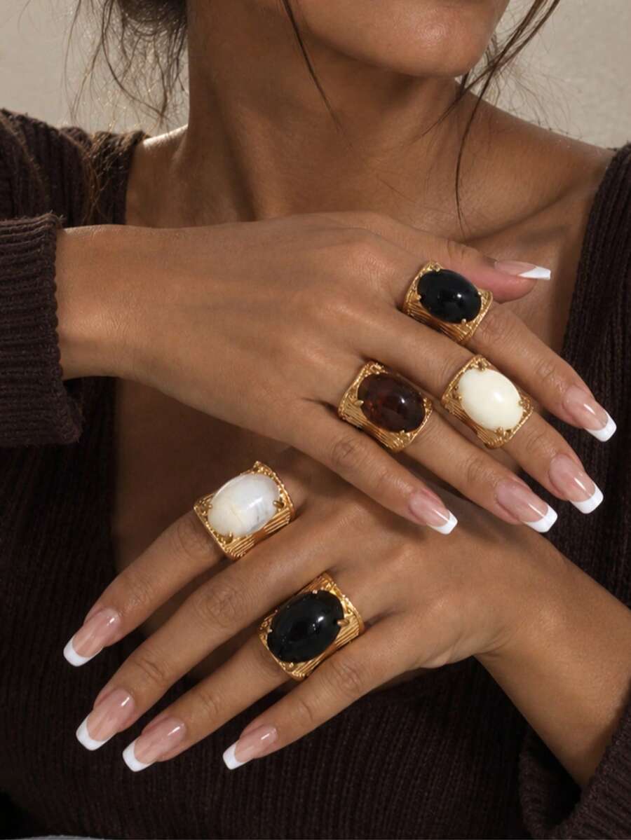 1/5pcs Vintage Exaggerated Geometric Metal Striped Inlaid Faux Gemstone Wide Band Charm Rings, Luxurious Elegant Style Suitable For Wedding, Party, Vacation, Daily Wear, Street Style, For Women And Couples, Holiday, Birthday, Multi-Purpose Gift - Multicolor - View 1