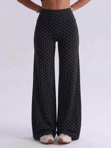 Women Polka Dot Wide Leg Yoga Pants, Fold Over High Waist Tummy Control Butt Lift, Soft Stretch Non-See-Through Workout Trousers For Gym Daily Wear - Black and White - View 6