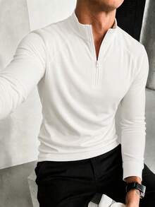 Men's Spring/Autumn Fashion Versatile Solid Color Raglan Sleeve Zip-Up Collar Long Sleeve T-Shirt - White - View 1