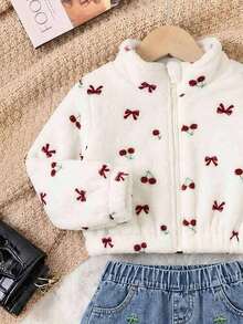 Autumn/Winter Sweet & Cute Baby Girl 2pcs Set, Cherry Bow Stand Collar Flannel Jacket With Embroidery And Straight Leg Denim Jeans For Daily Wear And Outings - White - View 4