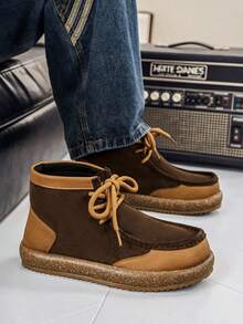 GAISIMA Men's Patchwork High-Top Wide-Foot Ankle Boots, Retro Casual Lace-Up Thick Sole Desert Boots, Non-Slip Sole, Suitable For Daily Outdoor Wear - Brown - View 5