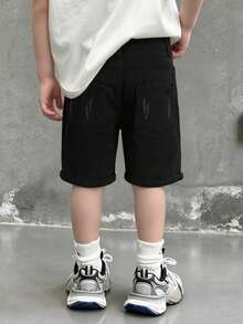 Young Boy Black Denim Shorts With Embroidered Logo, Distressed Wash, Elastic Waistband, Stretchy Denim Bermuda Shorts - Black - View 3