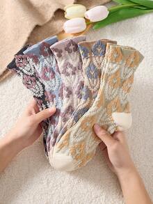 3 Pairs Japanese Style Women's Socks, Embossed Floral Mid-Calf Slouch Socks With Lace Trim, School Style Student Socks, Soft Comfortable Fashion Versatile, Suitable For Autumn/Winter And Outdoor Wear, Random Color - Multicolor - View 1