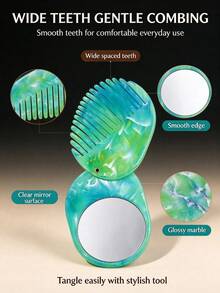 2-In-1 Portable Folding Hair Comb With Mirror, Marble Swirl Pattern Wide Tooth Comb, Women's Mini Travel Pocket Makeup Mirror Comb, Suitable For Daily Hair Styling - Multicolor - View 3