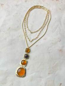 Layered Necklace Resin Stone Long Pendant Hammered Gold Vintage Old Money - Layered Resin Necklace - View 4