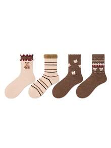 ZUJO 4 Pairs Women's Brown Fuzzy Mid-Calf Socks, Cartoon Bear Pattern, Cable Knit Texture, Ruffle Trim, Suitable For Autumn/Winter Daily Wear, Simple And Comfortable, Suitable For 5-15°C, Random Color Shipment - Brown - View 6