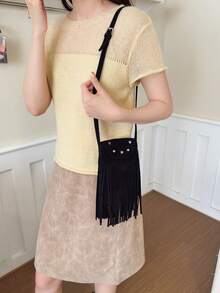 Tas Selempang Bahu Rumbai Dua Sisi Gaya Bohemian Minimalis Personalisasi Vintage dengan Finishing Matte - Hitam - View 2