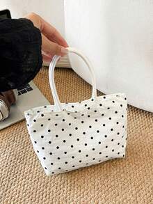 Portable Fashion Tote Bag, Thickened Cute Polka Dot Print Travel Bag - White - View 7