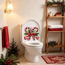 1pc Christmas Candy Cane And Holly Leaf Berry Red Bow Pattern PVC Material Home Wall Bathroom Toilet Decoration Sticker, Suitable For Christmas Holiday Atmosphere Decoration Of Walls, Cabinets, Refrigerators, Toilet Lids And Other Scenes - A - View 5
