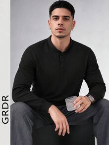 GRDR تي شيرت رجالي أسود بياقة هينلي وأكمام طويلة، طبقة أساسية بلون موحد بقصة ضيقة مع فتحة أزرار نصفية، مناسب للربيع/الخريف - الأسود - مشاهدة 5
