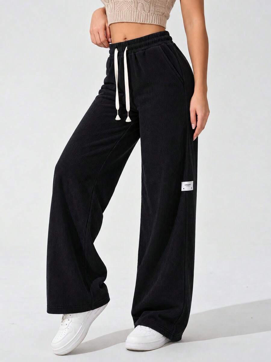 AODSR Women Black Wide Leg Sweatpants Drawstring Elastic High Waist Ribbed Texture Loose Fit Casual Everyday Lounge Pants - Black - View 1