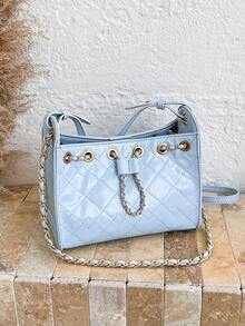 Tas X.Y. Wanita Biru PU Bucket Bag Motif Berlian dengan Tali Rantai dan Tali Serut untuk Perjalanan Sehari-hari dan Kencan - Baby Blue - View 7