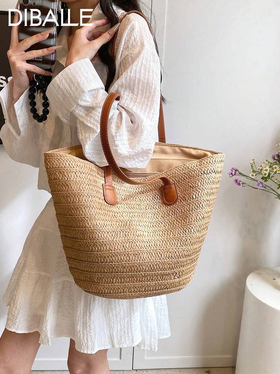 Fashionable Woven Tote Bag For Women,Large Capacity Shoulder Handbag,All-Match Commuter Outing Bucket Bag,Summer,Straw Bag