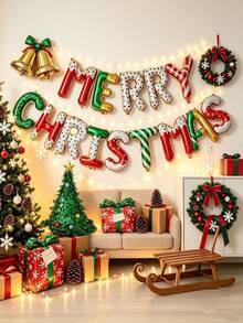 14pcs 16in Christmas Banner Merry Christmas Party Decoration Candy Color Banner Aluminum Foil Balloon Set (Ribbon Not Included) - View 1