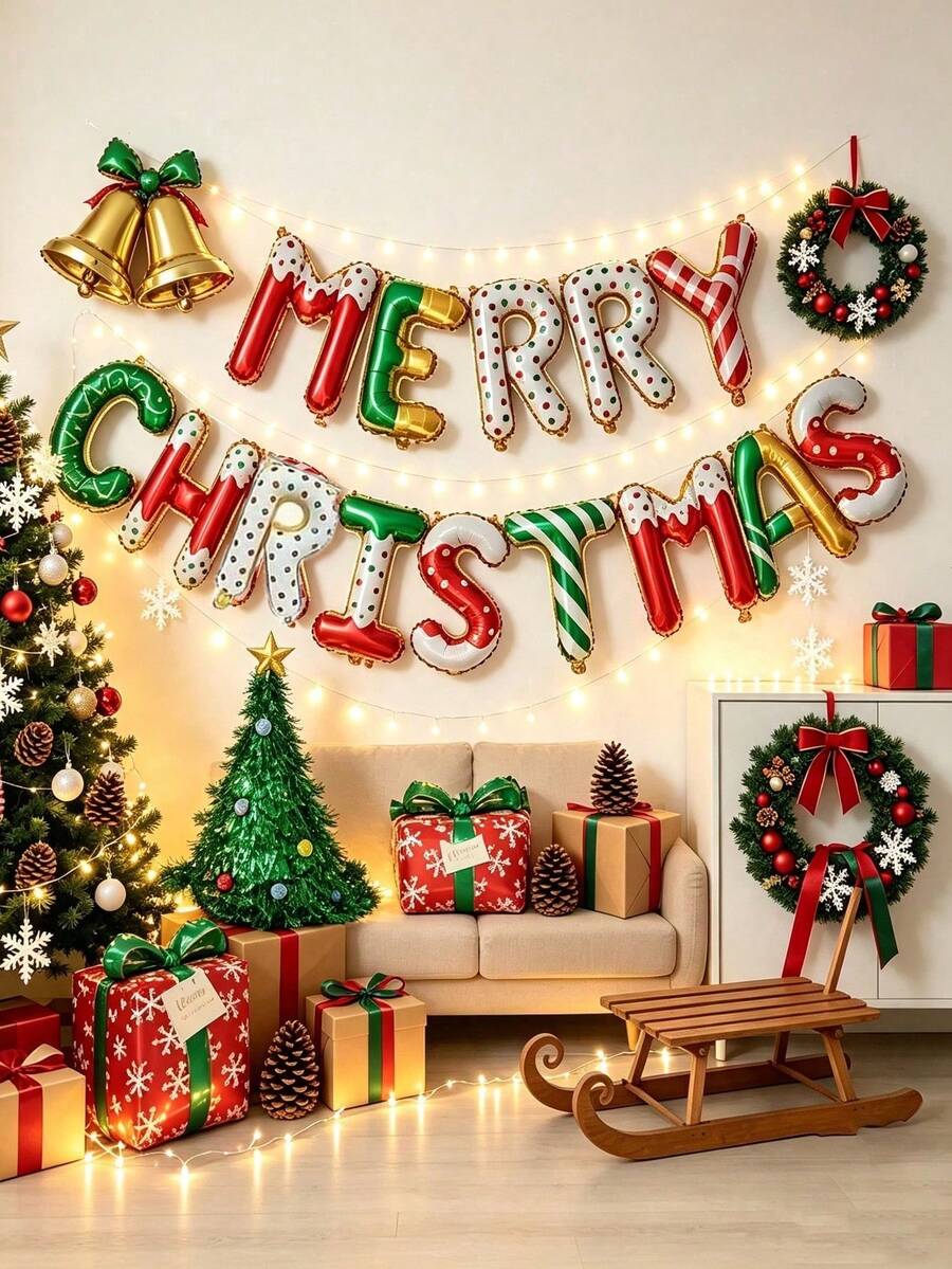 14pcs 16in Christmas Banner Merry Christmas Party Decoration Candy Color Banner Aluminum Foil Balloon Set (Ribbon Not Included) - View 1