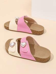 Summer Kids Double Strap Soft Cork Sole Slippers, Girls Pink & White Colorblock Faux Pearl Heart Decor Adjustable Hook & Loop Sandals - Apricot - View 5
