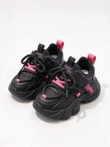 1 Pair Girls Color Block Platform Chunky Sneakers, Hook & Loop Lace-Up, Faux Leather Mesh, Rubber Sole, Round Toe Casual Shoes - Black and Pink - View 1