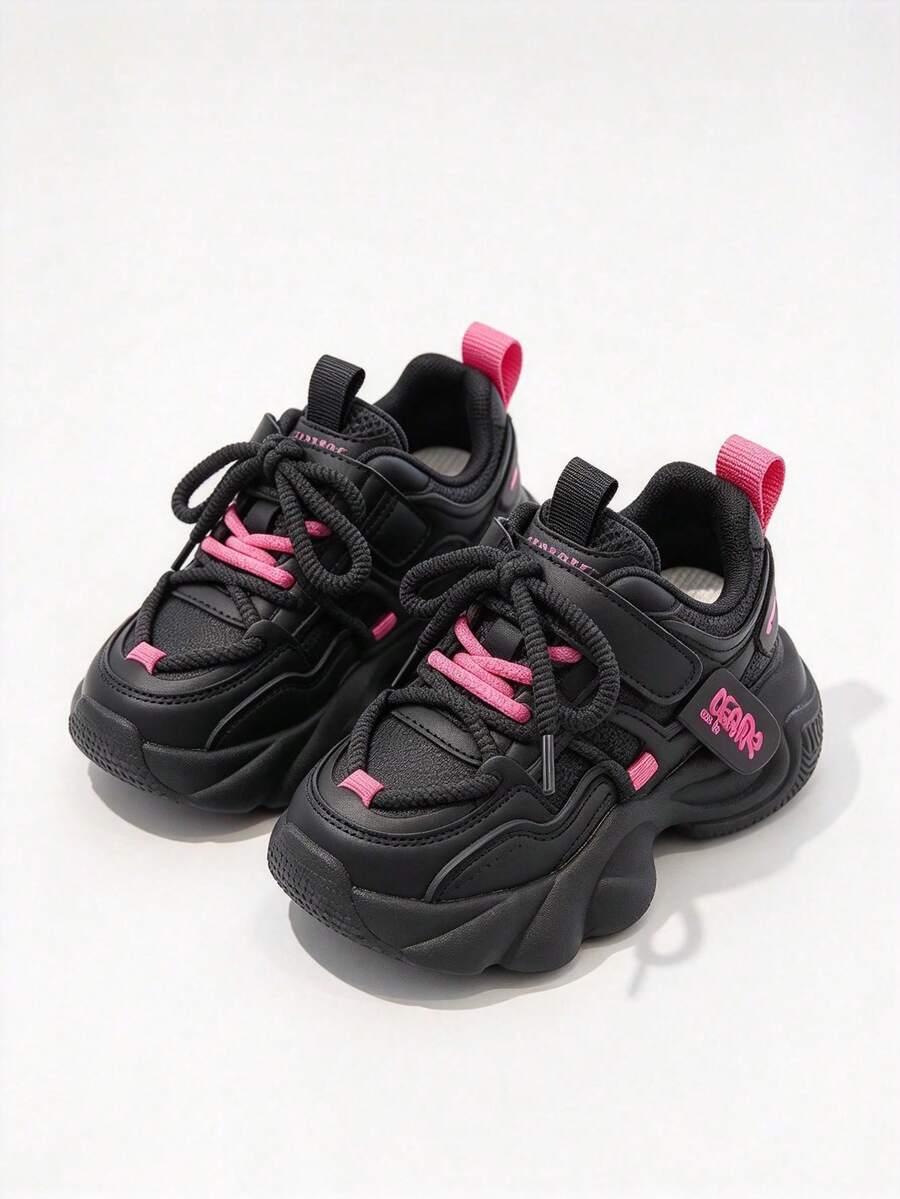1 Pair Girls Color Block Platform Chunky Sneakers, Hook & Loop Lace-Up, Faux Leather Mesh, Rubber Sole, Round Toe Casual Shoes - Black and Pink - View 1