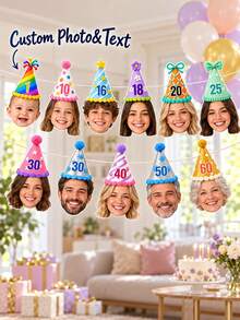 8/16/24pc Custom Face Photo & Text Birthday Banner, Personalized Portrait Cutout Bunting Garland With Number Party Hat, Milestone Birthday Party Decor,Photograph Backdrop - Multicolor - View 2