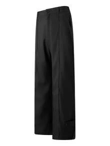 Celana Panjang Pria Model Longgar Sedikit Melebar dengan Lipatan Depan, Belahan di Bagian Bawah, dan Detail Kancing, Potongan Slim Fit untuk Meningkatkan Tinggi Badan - Hitam - View 5