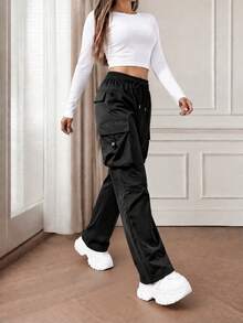 Women's Elastic Waist Drawstring Cargo Pants, Casual Loose Wide Leg Multi-Pocket Straight Leg Long Pants, Street Style Outdoor Trousers - Black - View 4