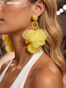 Bohemian Beach Resort Style Handmade Earrings, Layered Chiffon Petal Wavy Edge, Floral Fairy Resort Style Earrings - Yellow - View 2