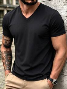 Men's Summer Casual Versatile Minimalist Fashion V-Neck Short Sleeve T-Shirt - Black - View 2