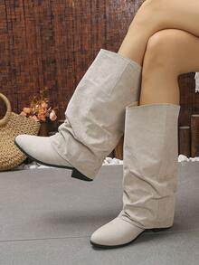 Minimalist Pleated Tall Riding Boots, Relaxed Slouchy Shaft Design, Suitable For Daily Wear And Outings, Can Be Used As Christmas And Halloween Costume Accessories - Beige Suede - View 2