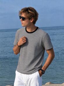 Camvyn Men's Summer Casual Fashion Jacquard Slim Fit Crew Neck Short Sleeve T-Shirt - Black - View 1