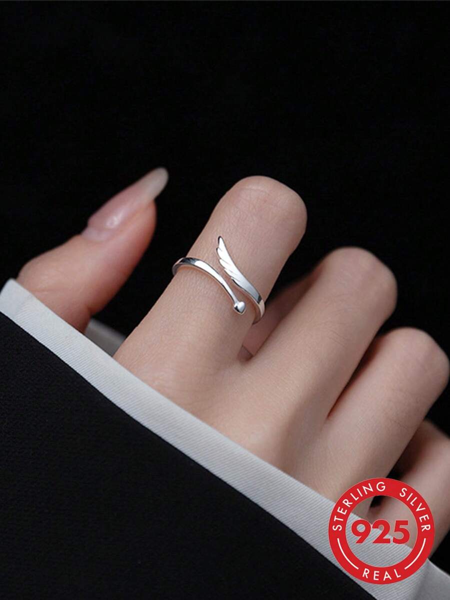 BALMORA 1pc Fashionable Versatile S925 Sterling Silver Angel Wing Adjustable Open Ring, Suitable For Women's Daily Commute Wear - Silver - View 1