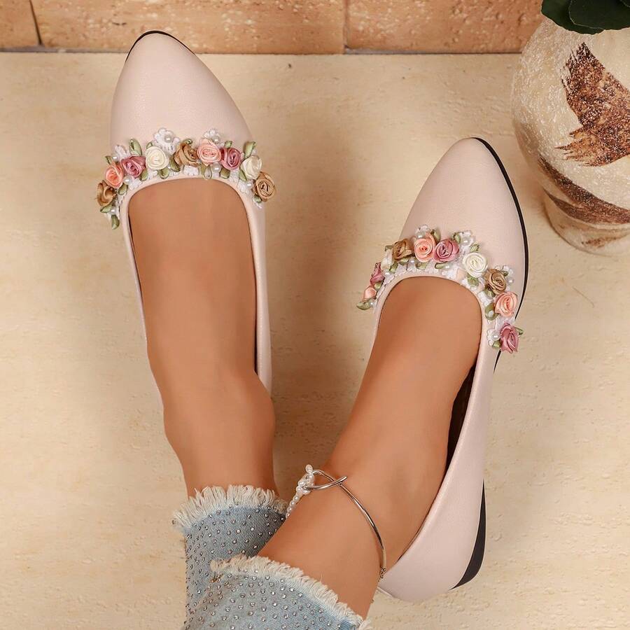 Women's Pointed Toe Soft PU Flat Shoes, Peony Flower Decor Wedding Shoes - Apricot - View 1