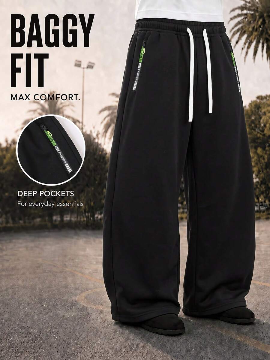 1pc Men's Casual Sports Sweatpants, Unisex. Features A Loose Fit And Draping Effect, Suitable For Home And Outdoor Activities. Made Of 100% Polyester Fiber, With Drawstring Waist For Easy Adjustment, Can Be Used As Men's Gift And Christmas Gift - Black - View 1