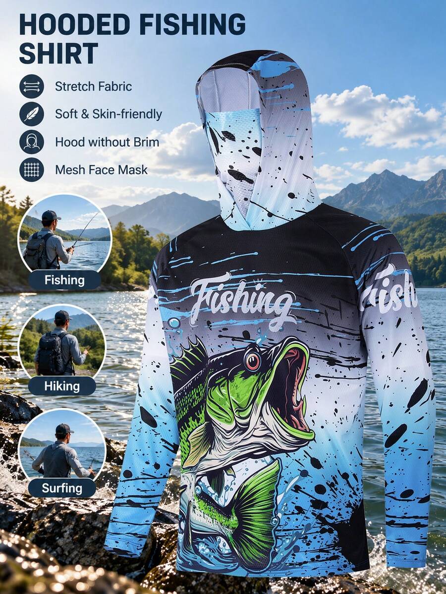 男士大口鱸魚圖案連帽長袖套頭衫,藍黑魚紋戶外休閒上衣 - 彩色 - 查看 1