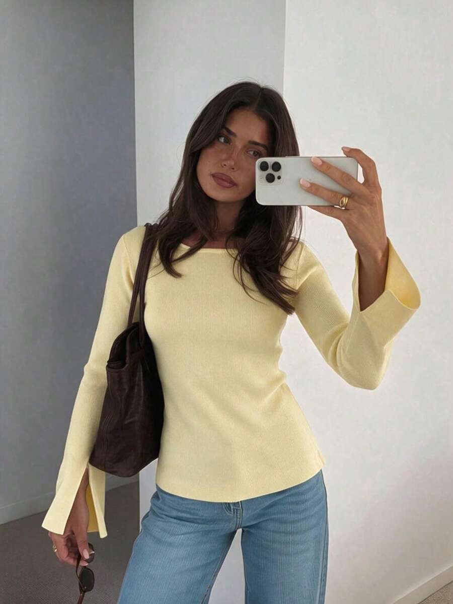 FOR BEAUTY Women's Cream Yellow Round Neck Fitted Knit Sweater, Fashionable Minimalist Korean Style Casual Street Commute Pullover, Spring/Summer