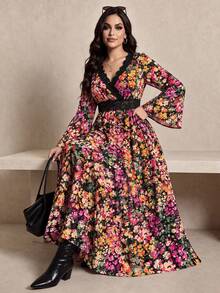 Rusttydustty Women's Plus Size Orange & Yellow Ditsy Floral V-Neck Patchwork Lace Trim Vintage Bohemian Elegant Dress, Suitable For Autumn/Winter, Halloween Outfit - Multicolor - View 6
