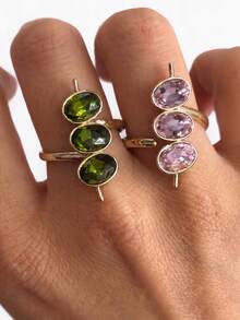 1pc Gold Plated Open Ring, 3 Oval Colorful Zirconia Statement Ring, Adjustable Stackable Gem Ring For Women Daily Party Jewelry - Multicolor - View 1