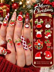 10 Pcs Christmas 3D Nail Charms Reindeer Santa Hat Bell Wreath Candy Cane Nail Art Decor - Multicolor - View 1