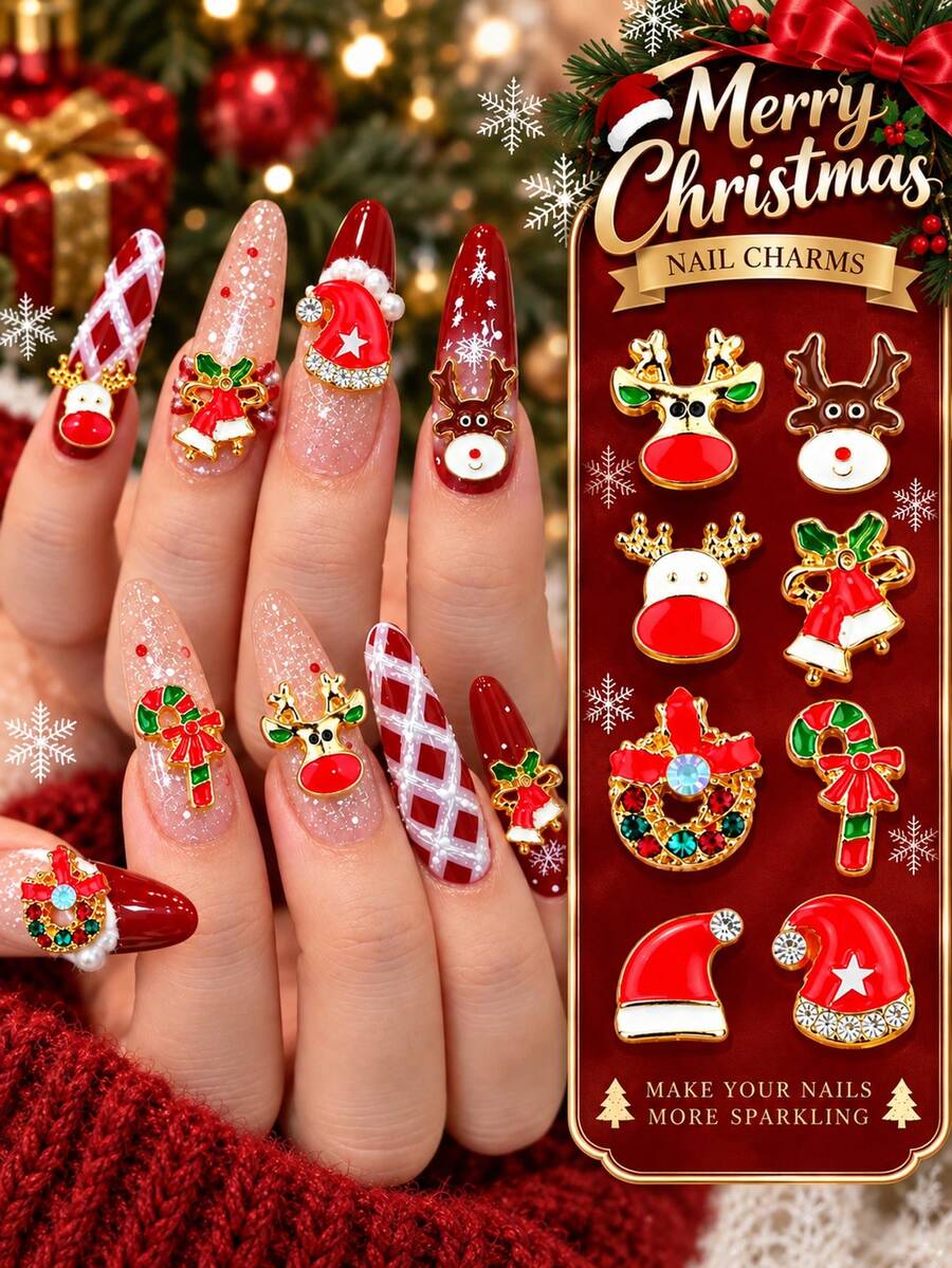 10 Pcs Christmas 3D Nail Charms Reindeer Santa Hat Bell Wreath Candy Cane Nail Art Decor - Multicolor - View 1