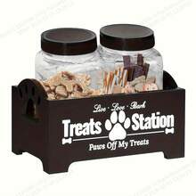 Farmhouse Style Wooden Pet Treat Storage Rack Dog Paw Print Treat Can Holder Countertop Pet Food Storage Box - Multicolor - View 6