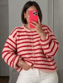 Áo cardigan len dệt kim nữ size lớn kẻ sọc phối màu đỏ hồng, cài nút, phong cách thường ngày đa năng - Đỏ - Xem 9