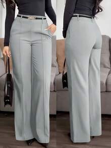 Celana Panjang Wanita Jisfaneya (Tanpa Sabuk) Warna Polos dengan Saku Samping dan Resleting, Elegan dan Kasual, Cocok untuk Kantor dan Perjalanan Sehari-hari - Grey - View 1