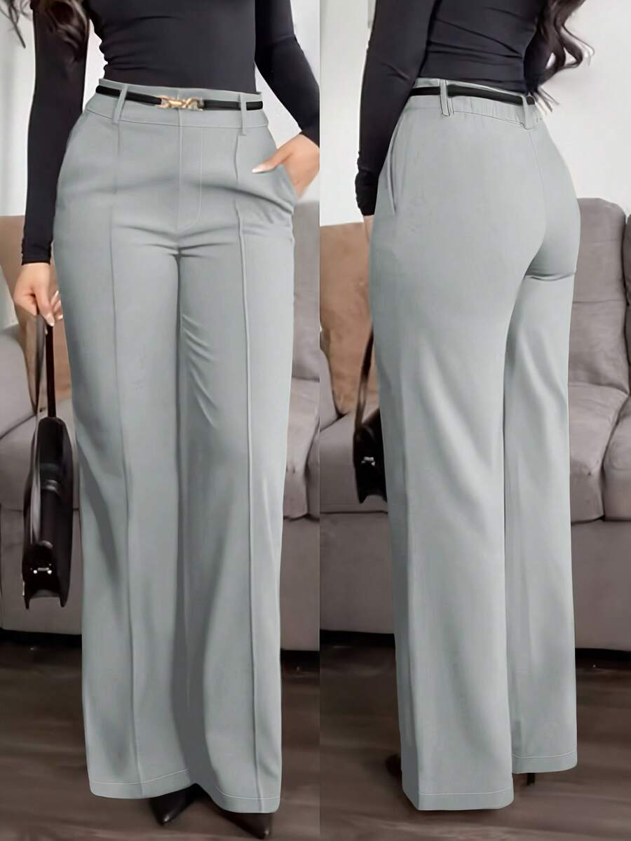 Celana Panjang Wanita Jisfaneya (Tanpa Sabuk) Warna Polos dengan Saku Samping dan Resleting, Elegan dan Kasual, Cocok untuk Kantor dan Perjalanan Sehari-hari - Grey - View 1