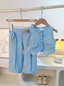2pcs Baby GirlSummer Casual Blazer Top And Straight Leg Pants Set, Suitable For Daily Wear, School, Commute, Vacation, Party, Photo Shoot - Blue - View 3