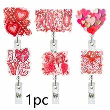 1pc Glitter Valentine's Day Heart Letter Bow Retractable Badge Reel Acrylic Rotating Badge Clip - Multicolor - View 1