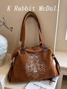 New Embroidered Vintage-Style Casual Suede Women's Shoulder Tote Bag-A Versatile, Large-Capacity Handbag For Fall And Winter - Brown - View 2