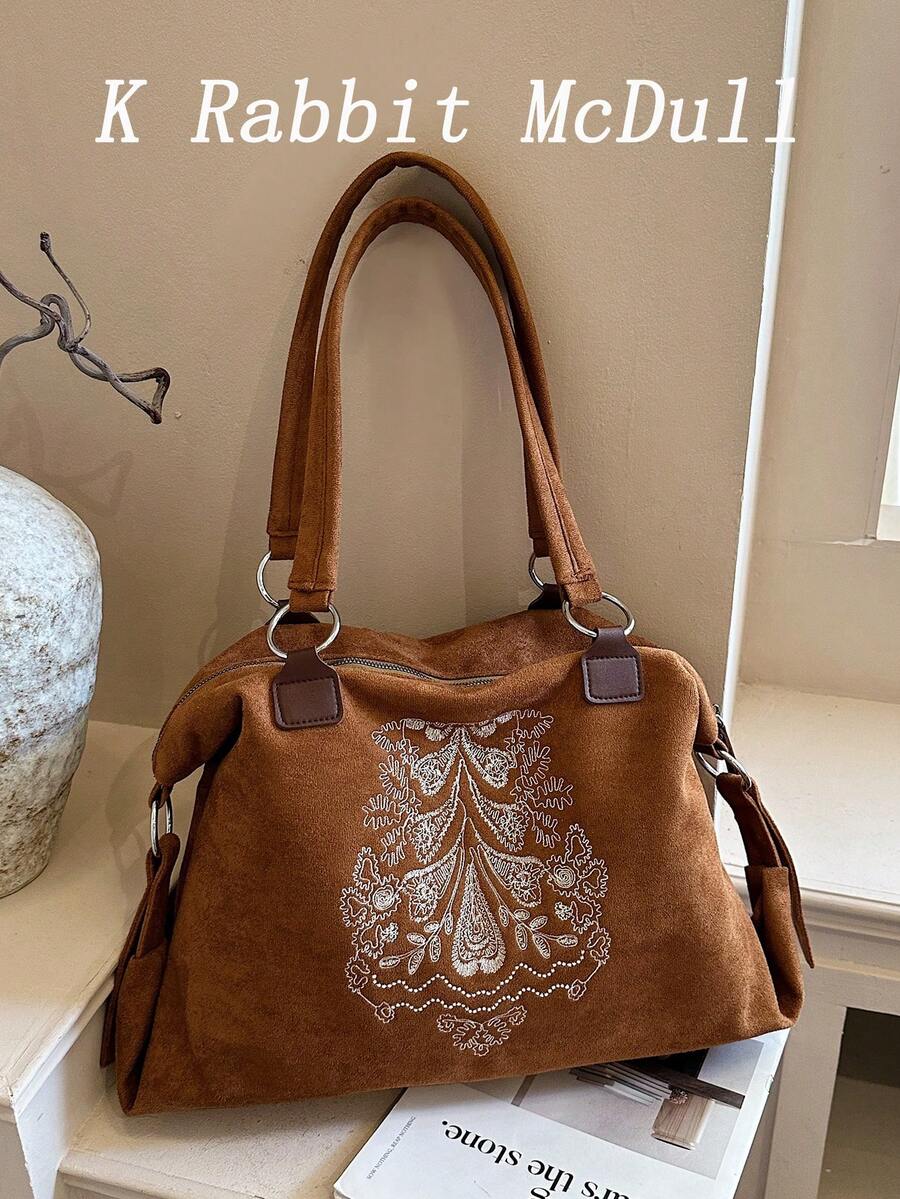 New Embroidered Vintage-Style Casual Suede Women's Shoulder Tote Bag-A Versatile, Large-Capacity Handbag For Fall And Winter