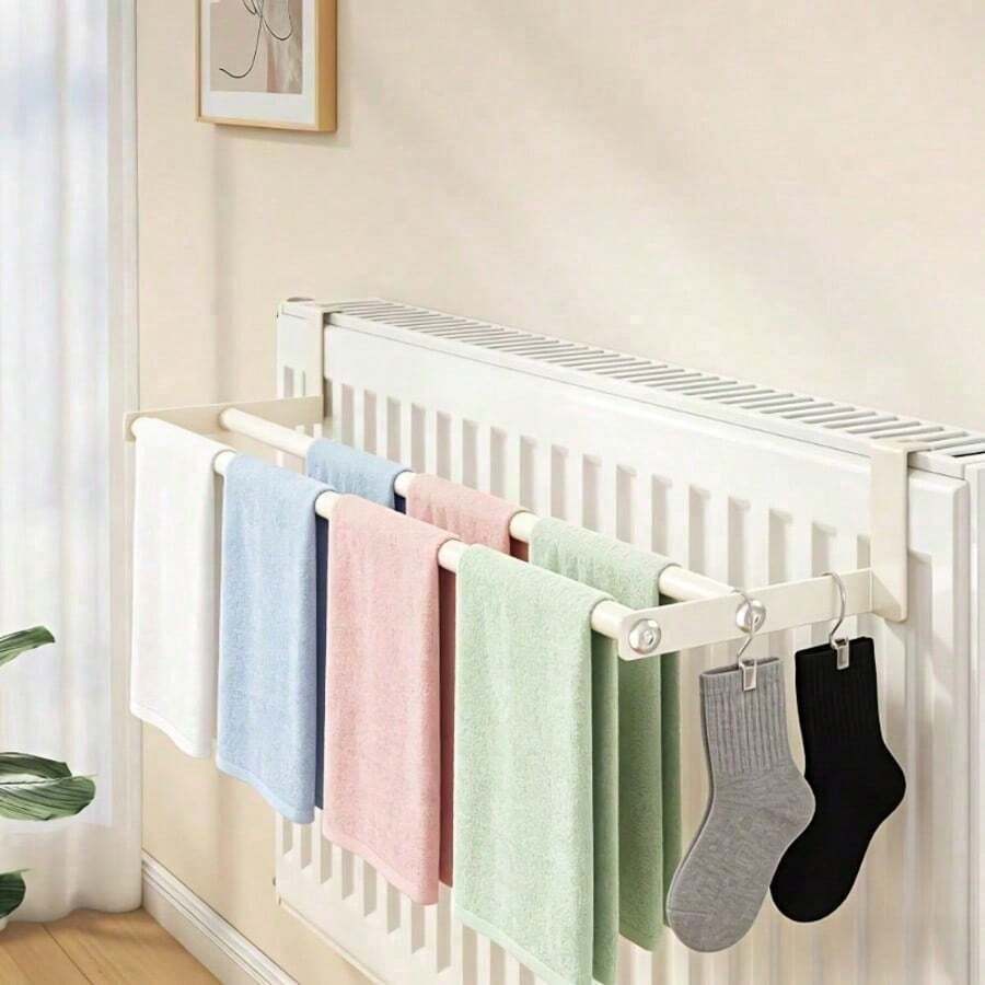 1pc Thickened Metal Double Bar Radiator Drying Rack, No Drilling Required, Metal Material, Space-Saving, Clothes Drying And Heating, Wall-Mounted Radiator Drying Rack, Suitable For Clothes, Towels, Shoes Quick Heating, Fits Most Radiators
